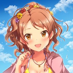 Rule 34 | bikini, blush, breasts, brown eyes, brown hair, cleavage, cloud, collarbone, colored eyelashes, day, flower, hair flower, hair ornament, halterneck, hojo karen, holding strap, hood, hoodie, idolmaster, idolmaster cinderella girls, jewelry, medium breasts, naruse nagi, necklace, o-ring, o-ring bikini, open mouth, orange flower, pink hoodie, purple flower, rose, shadow, short hair, solo, swimsuit, unzipped, upper body, water drop, wet, yellow bikini, yellow flower