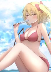 Rule 34 | 1girl, absurdres, alternate costume, bare shoulders, beach, bikini, blonde hair, bloom, blue sky, blush, bow, breasts, brown eyes, collarbone, commentary request, crystal, day, eating, eyes visible through hair, feet out of frame, fingernails, flandre scarlet, food, hair between eyes, hair bow, hand up, highres, holding, holding food, holding ice cream, ice cream, knees up, lens flare, light particles, light rays, long hair, looking at viewer, medium breasts, one side up, outdoors, red bikini, red bow, sitting, sky, solo, sunlight, swimsuit, szl, touhou, wet, wings