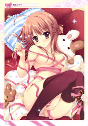 Rule 34 | 1girl, absurdres, ahoge, asakura hayate, between legs, black eyes, black thighhighs, bow, breasts, brown hair, cleavage, collarbone, hair bow, hand between legs, highres, long hair, looking at viewer, lying, medium breasts, naked ribbon, on back, original, pink bow, pink ribbon, ribbon, scan, shiny clothes, solo, striped pillow, thighhighs, underwear