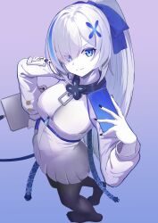 Rule 34 | 1girl, azur lane, black pantyhose, blue bow, blue eyes, blue hair, bow, breasts, cellphone, character name, cleavage, closed mouth, collar, colored skin, dress, eyes visible through hair, from above, gradient background, hair ornament, high ponytail, highres, holding, holding phone, holding tablet pc, large breasts, lom (lom lom 8), long hair, long sleeves, looking at viewer, metal collar, multicolored hair, pantyhose, phone, short dress, smartphone, smile, solo, streaked hair, tablet pc, tb (azur lane), tb (type-l) (azur lane), white dress, white hair, white skin, x hair ornament