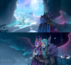 Rule 34 | 1boy, 2girls, abs, ahri (league of legends), alternate costume, animal ears, armband, blue hair, cape, cloud, cloudy sky, destroyed, dress, feathers, gauntlets, gem, green hair, hand on another&#039;s shoulder, highres, hug, ideomotor, league of legends, light, light rays, long hair, looking at another, multiple girls, muscular, muscular male, official art, pectorals, purple eyes, purple hair, rakan (league of legends), rock, skirt, sky, sparkle, star (sky), star guardian (league of legends), star guardian ahri, star guardian rakan, star guardian xayah, starry sky, transparent, wall, wings, xayah, yellow eyes