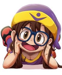 Rule 34 | 1girl, arm support, blush, brown eyes, dagashi (daga2626), doll joints, dr. slump, full body, glasses, hat, highres, joints, long hair, lying, norimaki arale, on stomach, open mouth, shoes, simple background, smile, sneakers, solo, white background