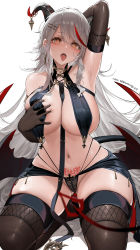 Rule 34 | 1girl, absurdly long hair, absurdres, aegir (azur lane), arm up, armpits, artist name, azur lane, bare shoulders, bdsm, between breasts, black gloves, black panties, black thighhighs, breast curtains, breasts, cleavage, collar, collarbone, cross, cross-laced clothes, demon girl, demon horns, demon tail, demon wings, dishwasher1910, earrings, elbow gloves, gloves, gluteal fold, grabbing own breast, groin, hair between eyes, hair ornament, hairclip, heart, heart-shaped pupils, highres, horn ornament, horns, iron cross, jewelry, large breasts, leash, long hair, looking at viewer, low wings, multi-strapped panties, multicolored hair, navel, neckwear between breasts, o-ring, open mouth, panties, pubic tattoo, red hair, shadow, sidelocks, simple background, sitting, skindentation, slave, solo, stomach, strap between breasts, streaked hair, swept bangs, symbol-shaped pupils, tail, tattoo, teeth, thighhighs, tongue, tongue out, underwear, upper teeth only, very long hair, waist cape, wariza, white background, white hair, wings, yellow eyes