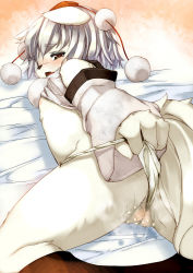 Rule 34 | 1girl, animal ears, ass, azuki akizuki, female focus, flat chest, from behind, frontal wedgie, fundoshi, furry, furry female, inubashiri momiji, japanese clothes, looking back, lying, nipples, on stomach, pussy, pussy juice, solo, tail, touhou, wedgie