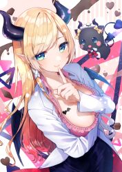 Rule 34 | 1girl, arm under breasts, black horns, black skirt, blonde hair, breast tattoo, breasts, center frills, cleavage, closed mouth, coat, demon girl, demon horns, demon wings, finger to own chin, frilled shirt, frills, gradient hair, green eyes, highres, hololive, horn ornament, horn ring, horns, kuwaefuru, lab coat, large breasts, long hair, looking at viewer, multicolored hair, open clothes, open coat, pencil skirt, pink hair, pink shirt, pointy ears, red coat, shirt, single sidelock, skirt, smile, solo, swept bangs, tattoo, two-sided coat, two-sided fabric, virtual youtuber, white coat, winged heart, wings, yuzuki choco, yuzuki choco (1st costume)