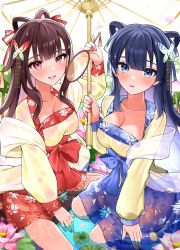 Rule 34 | 2girls, absurdres, between legs, blue dress, blue eyes, blue hair, breasts, brown hair, butterfly hair ornament, cleavage, collarbone, dress, eyebrows hidden by hair, flower, hair ornament, hair ribbon, hand between legs, highres, holding, holding umbrella, large breasts, lily pad, long hair, long sleeves, looking at viewer, medium breasts, moe2022, multiple girls, original, parted lips, partially submerged, red dress, red eyes, ribbon, see-through, shallow water, siblings, sitting, smile, tate yukimi, twins, umbrella, wariza, water, water drop, wet, wet clothes