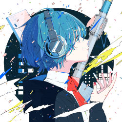 Rule 34 | 1girl, black jacket, blue eyes, blue hair, bob cut, border, bow, bowtie, cityscape, commentary, confetti, from side, hagimorijia, headphones, highres, jacket, long sleeves, looking up, nail polish, notebook, original, oversized object, pen, profile, red bow, red bowtie, red nails, round border, shirt, short hair, simple background, smile, solo, upper body, white background, white shirt