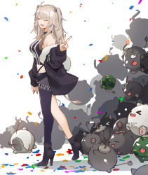 Rule 34 | &gt;o&lt;, 1girl, absurdres, ahoge, animal ears, birthday, black footwear, black jacket, black nails, black shirt, black thighhighs, boots, breasts, closed eyes, commentary, confetti, ear piercing, fang, full body, fur-trimmed jacket, fur trim, fuse, grey skirt, high heel boots, high heels, highres, hololive, ina (inadiary), jacket, jewelry, lion ears, lion girl, lion tail, lit fuse, long hair, looking at viewer, medium breasts, miniskirt, nail polish, necklace, off shoulder, open clothes, open jacket, open mouth, piercing, shirt, shishiro botan, shishiro botan (1st costume), silver hair, simple background, single thighhigh, skirt, sleeveless, sleeveless shirt, smile, solo, ssrb (shishiro botan), striped clothes, striped shirt, symbol-only commentary, tail, thighhighs, torn clothes, torn thighhighs, v, vertical-striped clothes, vertical-striped shirt, virtual youtuber, walking, white background