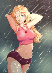 Rule 34 | 1girl, 4th of july, absurdres, blonde hair, cowboy shot, craznight, embers, fireworks, fountain, highres, looking at viewer, navel, panties, ponytail, rain, shower of sparks, smile, solo, sparks, sports bra, standing, thick thighs, thighs, underwear