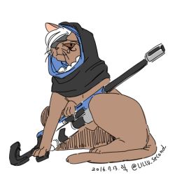 Rule 34 | 1girl, 2016, ana (overwatch), animal, animal focus, animalization, cat, dated, eyepatch, facial tattoo, flat color, full body, gun, hijab, lillu, lowres, no humans, overwatch, overwatch 1, rifle, simple background, sniper rifle, solo, tail, tattoo, twitter username, weapon, whiskers, white background, white hair