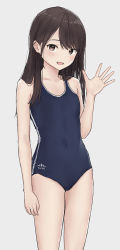 Rule 34 | 1girl, akipeko, blue one-piece swimsuit, blush, brown hair, child, commentary request, flat chest, grey background, hand up, highres, long hair, looking at viewer, one-piece swimsuit, open mouth, original, school swimsuit, simple background, solo, swept bangs, swimsuit, waving, white background