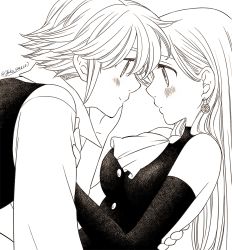 Rule 34 | 10s, 1boy, 1girl, artist name, blush, buttons, couple, earrings, elizabeth liones, eye contact, greyscale, hand on another&#039;s face, harumiya, jewelry, long hair, long sleeves, looking at another, meliodas, monochrome, nanatsu no taizai, smile