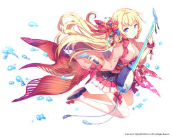 Rule 34 | 1girl, bachi, blonde hair, blue eyes, bow, braid, breasts, cleavage, female focus, fish, frilled skirt, frills, h2so4, hair bow, hair ornament, hair ribbon, hair rings, instrument, large breasts, looking at viewer, million arthur (series), pleated skirt, plectrum, ribbon, sandals, shamisen, simple background, skirt, smile, solo, thighhighs, water, water drop, white background, white thighhighs, wristband, zettai ryouiki
