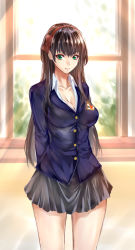 Rule 34 | 1girl, arms behind back, backlighting, bad id, bad pixiv id, black skirt, blue jacket, breasts, brown hair, cleavage, closed mouth, cowboy shot, day, emblem, green eyes, hair ribbon, indoors, jacket, large breasts, light smile, long hair, long sleeves, looking at viewer, medium breasts, miniskirt, original, pleated skirt, red ribbon, ribbon, skirt, solo, standing, window, zucchini