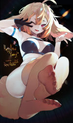 Rule 34 | 1girl, animal ears, arms up, black background, black gloves, bonnie (bunny gif), breasts, dyarikku, feet, foreshortening, gloves, highres, indie virtual youtuber, large breasts, looking at viewer, one eye closed, open mouth, orange hair, rabbit ears, rabbit girl, red eyes, single glove, smile, solo, thighhighs, virtual youtuber