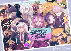 Rule 34 | 3girls, alligator, bassist cookie, black lemonade cookie, blonde hair, blue hair, bow, choker, closed eyes, closed mouth, coconut, cookie run, crocodilian, cross, cross necklace, durian, english text, eyeshadow, from side, hair bow, hair over eyes, happy, highres, jewelry, lightning bolt symbol, looking at viewer, makeup, mamimumemo, mango cookie, multicolored hair, multiple boys, multiple girls, necklace, one eye closed, open mouth, parfait cookie, personification, picture frame, rockstar cookie, shacka rocka, shining glitter cookie, star (symbol), werewolf cookie