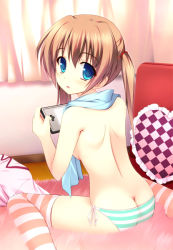 Rule 34 | 1girl, blue eyes, breasts, brown hair, butt crack, frilled pillow, frills, looking back, natsuki shuri, original, panties, pillow, playing games, side-tie panties, sitting, solo, striped clothes, striped panties, striped thighhighs, thighhighs, topfreedom, topless, twintails, underwear, underwear only, wariza
