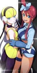 Rule 34 | 2girls, :d, :o, arm around shoulder, ass, bare shoulders, blonde hair, blue eyes, blue gloves, blue shorts, breasts, cable, choker, closed eyes, commentary request, couple, creatures (company), cropped jacket, dark-skinned female, dark skin, dress, elbow gloves, elesa (pokemon), from side, game freak, gloves, gym leader, hair ornament, hand on another&#039;s arm, headphones, highres, holding hands, interlocked fingers, large breasts, looking at another, looking at viewer, medium breasts, multiple girls, nintendo, open mouth, pantyhose, parted lips, pokemon, pokemon bw, pretty-purin720, purple choker, purple legwear, red hair, round teeth, short hair, short shorts, shorts, sidelocks, skyla (pokemon), sleeveless, sleeveless dress, small breasts, smile, standing, teeth, thigh strap, upper teeth only, yellow dress, yuri
