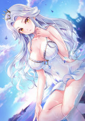 Rule 34 | 1girl, braid, breasts, casual one-piece swimsuit, cleavage, collarbone, covered navel, crown, dutch angle, earrings, french braid, hair intakes, highres, jewelry, kayoh0731, large breasts, long hair, looking at viewer, mini crown, ocean, one-piece swimsuit, parted lips, shironeko project, silver hair, sitting, solo, strapless, strapless one-piece swimsuit, swimsuit, very long hair, water, white one-piece swimsuit, yellow eyes