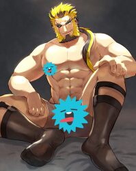 Rule 34 | 1boy, abs, absurdres, bara, beard, black socks, boxers, censored, check copyright, come hither, copyright request, emoji, emoji censor, facial hair, full beard, head tilt, highres, hiwen-d, knee up, large pectorals, legwear garter, light, long hair, looking at viewer, low ponytail, male focus, male underwear, mature male, mismatched sclera, muscular, muscular male, original, pectorals, scar, scar on face, scar on forehead, seductive smile, smile, socks, solo, spread legs, stomach, strongman waist, thick beard, thick eyebrows, thick thighs, thighs, topless male, two-tone beard, underwear