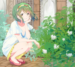 Rule 34 | 1girl, bad id, bad pixiv id, blush, casual, flower, green hair, grin, hairband, hand on own cheek, hand on own face, idolmaster, idolmaster (classic), otonashi kotori, red eyes, short hair, skirt, smile, solo, squatting, wed afm