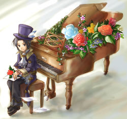 Rule 34 | 1boy, flower, formal, frederic chopin (trusty bell), fuju, gradient background, hat, instrument, male focus, piano, piano bench, plant, solo, top hat, trusty bell, white background
