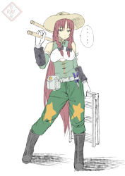 Rule 34 | 1girl, alternate costume, arm warmers, bad id, bad pixiv id, belt, boots, braid, breasts, detached sleeves, embodiment of scarlet devil, female focus, flat color, full body, gloves, grey eyes, hat, hong meiling, long hair, medium breasts, pants, pants tucked in, partially colored, pliers, raybar, red hair, solo, star (symbol), sun hat, touhou, twin braids, utility belt, very long hair, white background