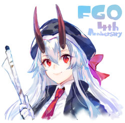 Rule 34 | 1girl, beret, black horns, blue headwear, blue jacket, blush, bow, breasts, closed mouth, fate/grand order, fate (series), gloves, hat, heroic spirit festival outfit, horns, jacket, long hair, long sleeves, looking at viewer, necktie, oni horns, red bow, red eyes, shirabi, silver hair, simple background, slit pupils, smile, tomoe gozen (fate), tomoe gozen (festival outfit) (fate), white background, white gloves