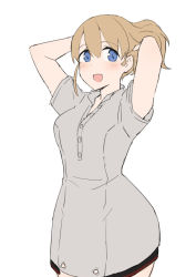 Rule 34 | 1girl, arms up, blue eyes, blush, breasts, buttons, dress, grey dress, hair down, hands in hair, intrepid (kancolle), junes, kantai collection, light brown hair, looking at viewer, medium breasts, medium hair, open mouth, short sleeves, simple background, solo, white background