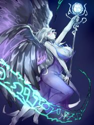Rule 34 | 1girl, angel wings, blue dress, breasts, cleavage, dress, highres, huge breasts, large breasts, long hair, looking at viewer, melon22, multiple wings, pale skin, pink eyes, profile, red eyes, sariel (touhou), see-through, seraph, silver hair, solo, staff, touhou, touhou (pc-98), wings