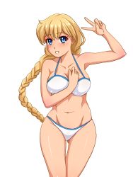 Rule 34 | 1girl, :d, bare shoulders, bikini, blonde hair, blue eyes, braid, breasts, commentary, cowboy shot, english commentary, everlasting summer, gluteal fold, hand on own chest, hand up, highres, huyase, large breasts, long hair, looking at viewer, navel, open mouth, simple background, slavya-chan, smile, solo, stomach, swimsuit, thigh gap, v, very long hair, white background, white bikini