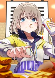 Rule 34 | 1girl, blue eyes, blurry, blurry foreground, cheek bulge, commentary request, cup, disposable cup, eating, food, french fries, highres, hood, hoodie, idolmaster, idolmaster shiny colors, indoors, jacket, looking at viewer, mcdonald&#039;s, osoba susurukun, puffy cheeks, restaurant, serizawa asahi, short hair, solo, upper body