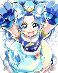 Rule 34 | 10s, 1girl, :d, animal ears, arms up, blue bow, blue eyes, blue footwear, blue gloves, blue hair, blue neckwear, blue shirt, blue skirt, bow, clenched hand, crown, cure gelato, earrings, extra ears, gloves, jewelry, kirakira precure a la mode, layered skirt, lion ears, lion tail, long hair, looking at viewer, magical girl, mini crown, open mouth, precure, shinoasa, shirt, shoes, skirt, smile, solo, star (symbol), star earrings, tail, tategami aoi, twitter username, white background, white skirt