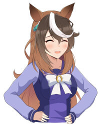 Rule 34 | 1girl, animal ears, blush, bow, breasts, brown hair, closed eyes, commentary request, earrings, facing viewer, hair between eyes, hands on own hips, highres, himuraanzu, horse ears, horse girl, jewelry, long hair, long sleeves, medium breasts, multicolored hair, open mouth, purple shirt, sailor collar, school uniform, shirt, simple background, single earring, smile, solo, streaked hair, symboli rudolf (umamusume), tracen school uniform, umamusume, very long hair, white background, white bow, white hair, winter uniform