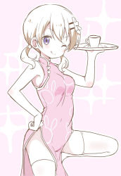 Rule 34 | 1girl, ;q, animal print, bare arms, bare shoulders, blush, breasts, china dress, chinese clothes, closed mouth, coffee cup, cup, disposable cup, dress, gochuumon wa usagi desu ka?, hair between eyes, hair ornament, hairclip, hand on own hip, holding, holding tray, hoto cocoa, itamochi, long hair, low twintails, medium breasts, one eye closed, partially colored, pelvic curtain, pink background, pink dress, print dress, purple eyes, rabbit print, saucer, sleeveless, sleeveless dress, smile, solo, sparkle, standing, standing on one leg, thighhighs, tongue, tongue out, tray, twintails