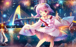 Rule 34 | 1girl, ;d, bare legs, bare shoulders, boat, braid, bridge, capura lin, contrapposto, fireworks, flower, hair flower, hair ornament, highres, japanese clothes, kimono, lamppost, long hair, long sleeves, looking at viewer, night, night sky, off shoulder, one eye closed, open mouth, original, outdoors, outstretched arms, pink hair, reaching, reaching towards viewer, red eyes, short kimono, single braid, sky, smile, solo, standing, swept bangs, water, watercraft, wide sleeves