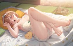 Rule 34 | 1girl, arm up, armpits, atelier (series), atelier ryza, azur lane, bare arms, bare legs, bare shoulders, barefoot, blanket, blush, bow hairband, braid, breasts, brown hair, camisole, choko (cup), cleavage, commentary request, crop top, cup, day, feet, feet up, flower, frilled camisole, frills, full body, futon, hairband, half-closed eye, head on pillow, highres, holding, indoors, large breasts, legs, looking at viewer, looking to the side, lying, manjuu (azur lane), nail polish, official alternate costume, on back, one eye closed, open mouth, paid reward available, panties, reisalin stout, reisalin stout (late night alchemist), saliva, satomi (745684552), short hair, solo, stained clothes, strap slip, sunlight, sweat, sweaty clothes, teeth, thighs, toenail polish, toenails, toes, tokkuri, tray, underwear, upper teeth only, used tissue, white flower, white hairband, white panties