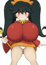 Rule 34 | 1girl, alternate breast size, ashley (warioware), black hair, blush, breasts, closed mouth, dress, feet out of frame, female focus, gluteal fold, hair between eyes, hairband, highres, holding, holding wand, huge breasts, jaga334, long hair, long sleeves, looking at viewer, nintendo, oppai loli, orange hairband, panties, pantyshot, red dress, red eyes, sidelocks, simple background, solo, split mouth, standing, thighs, twintails, underwear, v-shaped eyebrows, wand, warioware, white background, white panties, wide-eyed, wide sleeves
