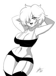Rule 34 | 1girl, atropos, bigdead, breasts, cleavage, crop top, female focus, highres, large breasts, medium hair, monochrome, navel, original, short shorts, shorts, simple background, solo, standing, tank top, thighs, white background, xpisigma