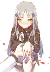 Rule 34 | 1girl, alithea jane, black thighhighs, blunt bangs, blurry, blush, cross hair ornament, depth of field, facial mark, girls&#039; frontline, gloves, green eyes, hair ornament, hand on own chest, hand up, hk416 (girls&#039; frontline), holding, holding jewelry, holding ring, jacket, jewelry, long hair, long sleeves, military jacket, nose blush, outstretched arm, parted lips, petals, plaid, plaid skirt, putting on jewelry, ring, sidelocks, silver hair, simple background, skirt, solo focus, standing, thighhighs, very long hair, wavy mouth, wedding band, white background, white gloves