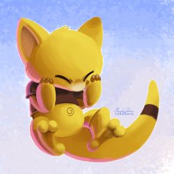 Rule 34 | abra, blue background, eric proctor, closed eyes, facing viewer, full body, gen 1 pokemon, hands on own face, no humans, pokemon, pokemon (creature), signature, solo