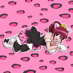 Rule 34 | 10s, 1girl, :d, aino megumi, animal ears, bell, black pantyhose, bow, cat ears, cat tail, crown, full body, gloves, happinesscharge precure!, jingle bell, kemonomimi mode, lying, nita (onakatohoppe), on side, open mouth, panther pink (precure), pantyhose, pink background, pink eyes, pink hair, pink skirt, precure, short hair, skirt, smile, solo, tail