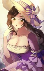 Rule 34 | 1girl, :o, black hair, blurry, blush, bokeh, breasts, cleavage, collarbone, cross-laced clothes, depth of field, dress, frilled sleeves, frills, hat, highres, idolmaster, idolmaster cinderella girls, large breasts, long hair, looking at viewer, mukai takumi, purple dress, shangzi, solo, sun hat, very long hair, wavy hair, wide sleeves