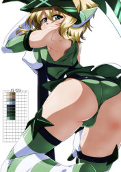 Rule 34 | 1girl, akatsuki kirika, ass, bare shoulders, blonde hair, blush, breasts, closed mouth, covered erect nipples, green eyes, green panties, highres, large breasts, looking back, panties, senki zesshou symphogear, short hair, simple background, smile, solo, striped clothes, striped thighhighs, tappa (esperanza), thighhighs, underwear, white background