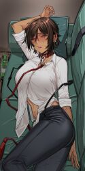 Rule 34 | 1girl, black pants, bottle, breasts, brown eyes, brown hair, collar, collared shirt, couch, dark-skinned female, dark skin, earrings, half-closed eyes, highres, jewelry, large breasts, leash, limbus company, looking at viewer, lying, multiple earrings, navel, on back, on couch, open mouth, outis (project moon), pants, project moon, rhlatm, ring, shirt, short hair, sleeves rolled up, solo, stomach, white shirt