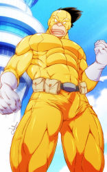 Rule 34 | 1boy, bara, bodysuit, boku no hero academia, bulge, covered abs, covered erect nipples, erection, erection under clothes, feet out of frame, from below, frown, funeral-paws, gloves, highres, large pectorals, lips, looking at viewer, male focus, pectorals, pout, satou rikidou, short hair, skin tight, solo, thick thighs, thighs, white gloves, yellow bodysuit