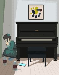 Rule 34 | 1girl, animated, animated gif, black hair, bob cut, bottle, dress, female focus, green dress, hair ornament, highres, indoors, instrument, original, peco-pech, piano, piano bench, pixel art, short hair, solo, squatting, tablet pc, wooden floor