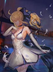 Rule 34 | 1girl, absurdres, ahoge, artoria pendragon (all), artoria pendragon (fate), blonde hair, bow, bridge, closed eyes, dress, elbow gloves, fate/unlimited codes, fate (series), gloves, hair bow, highres, official alternate costume, official alternate hairstyle, ponytail, saber (fate), saber (pure night dress) (fate), saber lily, solo, taichi (yirkorn)