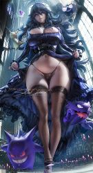 Rule 34 | 1girl, ahoge, black hair, black panties, breasts, cleavage, creatures (company), curvy, dress, fishnet thighhighs, fishnets, game freak, gastly, gen 1 pokemon, gen 7 pokemon, gengar, haunter, hex maniac (pokemon), high heels, hip focus, large breasts, lingerie, long hair, mimikyu, nail polish, navel, navel piercing, nintendo, panties, parted lips, piercing, pokemon, pokemon (creature), pokemon xy, purple eyes, revealing clothes, sakimichan, solo, solo focus, thick thighs, thighhighs, thighs, underwear, wide hips