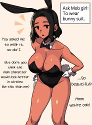Rule 34 | 1girl, absurdres, animal ears, bare legs, black eyes, black hair, breasts, cleavage, cleavage cutout, clothing cutout, cowboy shot, dark-skinned female, dark skin, detached collar, english text, gloves, highres, large breasts, leotard, masgamjya, mob face, mole, mole on breast, original, playboy bunny, rabbit ears, rabbit tail, short hair, solo, tail, white gloves, wrist cuffs, yellow background